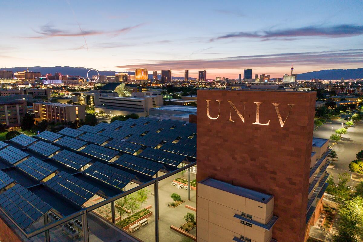 Overview of the UNLV campus at dusk.