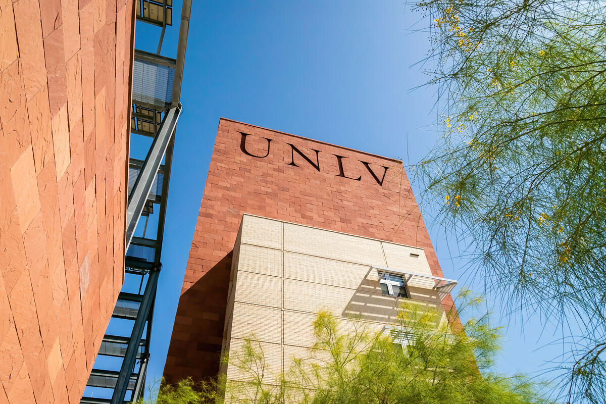 low view of the UNLV building with logo