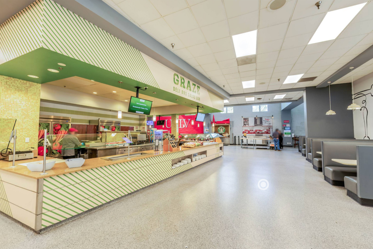 A large an perspectively deep view of the GRAZE deli and salad bar