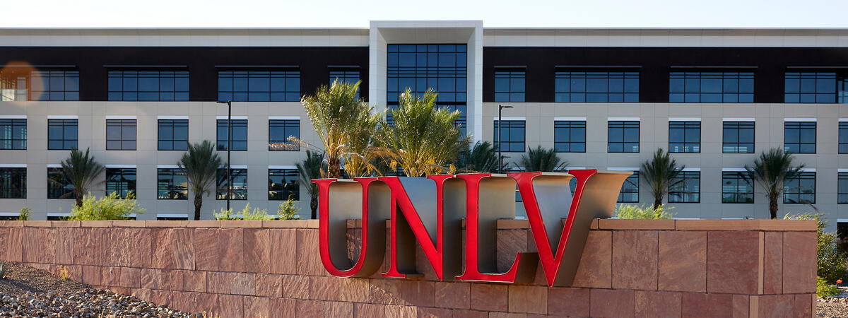 External view of the Howard Hughes building with the UNLV signage centered at the front
