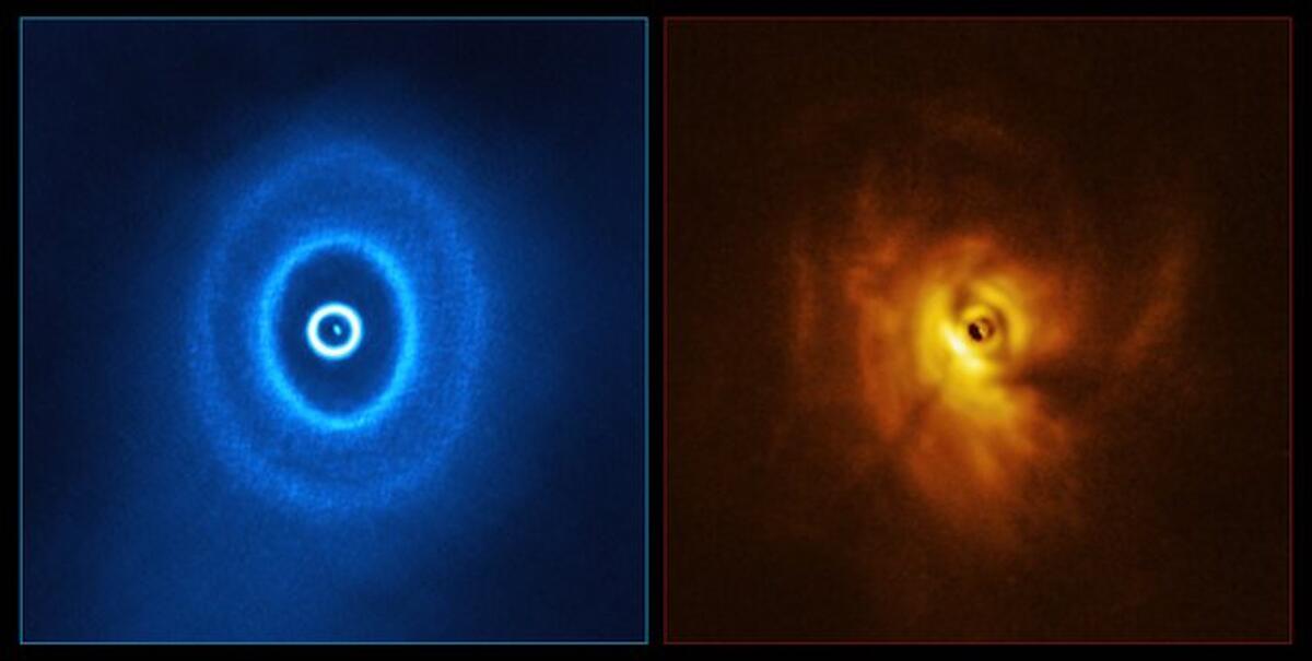 Two telescopic images side by side of a distant star system. Left shows blue dust rings and right features a peculiar gap