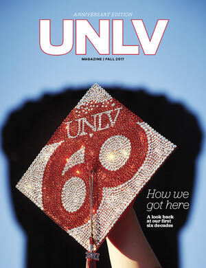 UNLV magazine cover featuring a bedazzled graduation cap that reads U-N-L-V 60