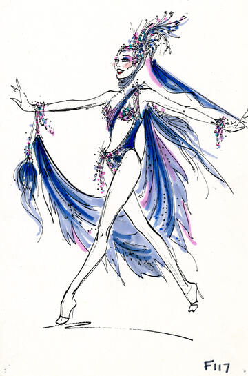 Sheer blue showgirl costume design for "Celestial Nights" number by Bob Mackie for Jubilee! (Donn Arden Papers/UNLV Special Collections)
