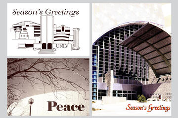Holiday graphic card containing architectural structures.