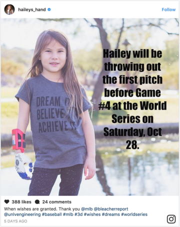 Instagram Post: Hailey will be throwing out the first pitch before Game #4 at the World Series on Saturday, Oct 28.