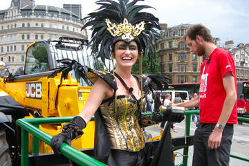 A woman wears a Carnivale outfit