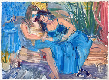 painting of two women leaning on each other on couch