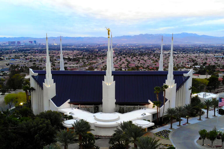 view of LDS temple and Las Vegas cityscape