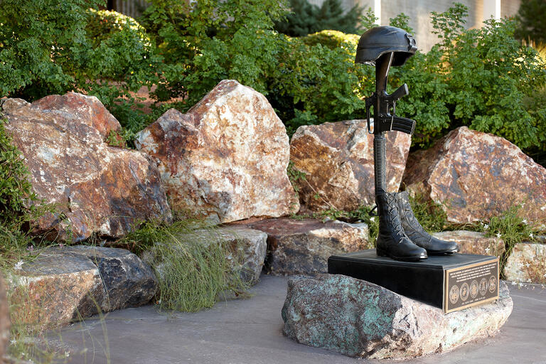 The sculpture &quot;Fallen Soldier&quot; at the Veterans Memorial on the UNLV campus