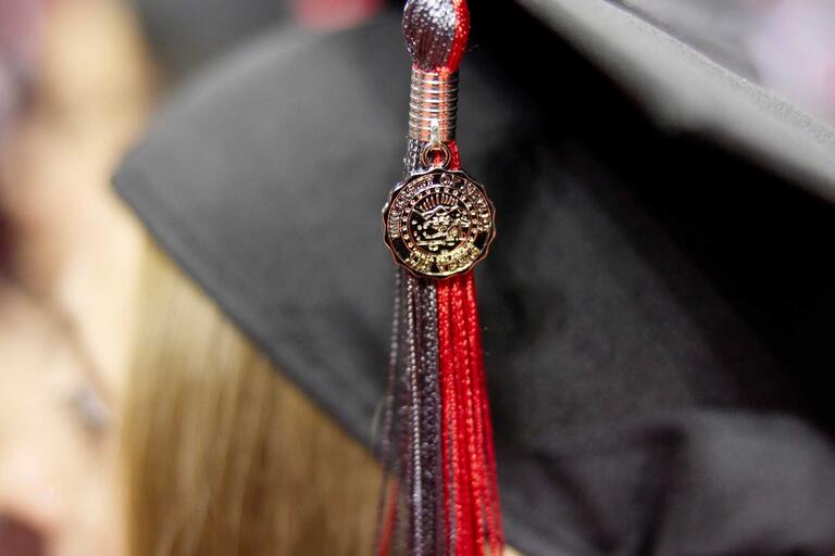 A gold university seal hangs off a red and gray tassel