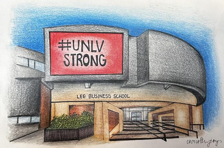 colored illustration of Beam Hall with a sign that reads #UNLV Strong