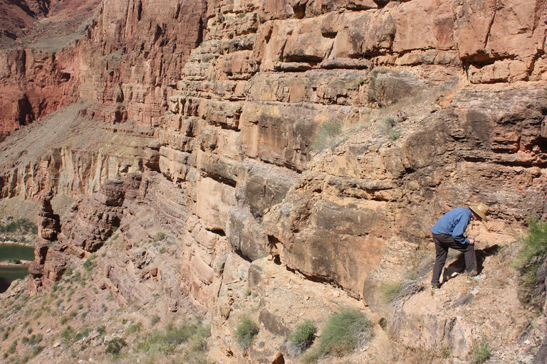 Interior of Grand Canyon with individual looking at rocks
