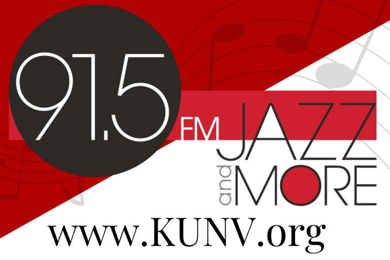 91.5 Jazz and More logo with 91.5 number, FM, Jazz and More with the webiste of www.kunv.org