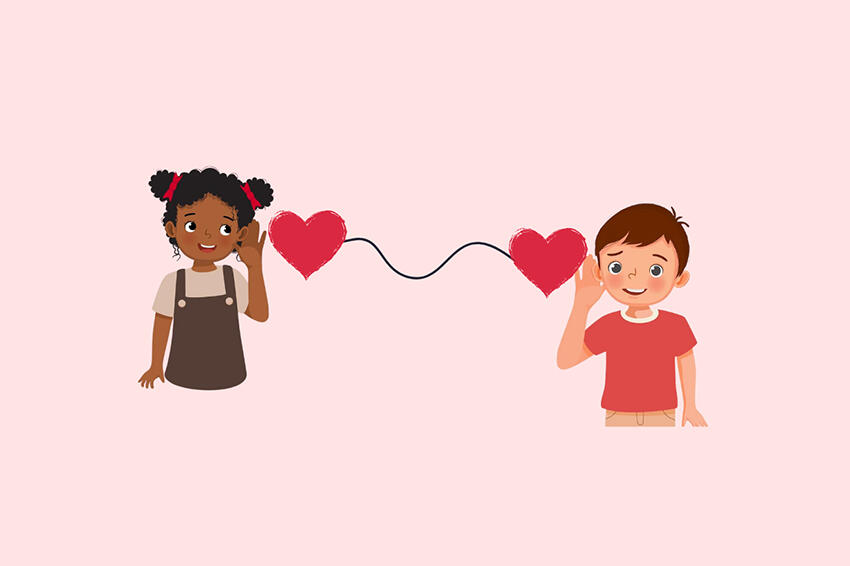 A cartoon boy and girl communicating with a wired heart tin-can telephone.