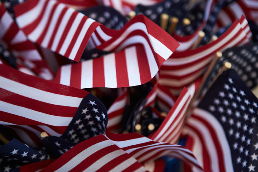 Closeup of several small American flags
