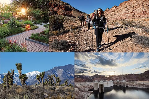 Four images: a desert garden, people hiking, desert scene, and Hoover Dam