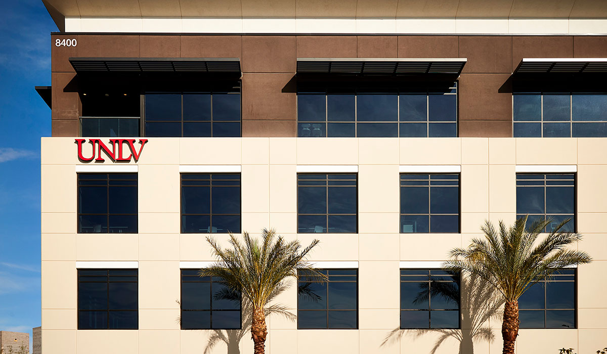 outside view of the Black Fire Innovation building with the UNLV sign on it