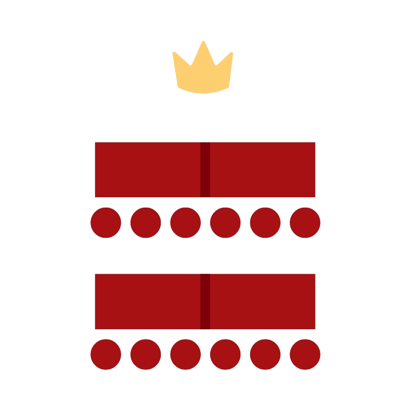 A graphic of a seating arrangement of the crown indicating the center and two rows of seating
