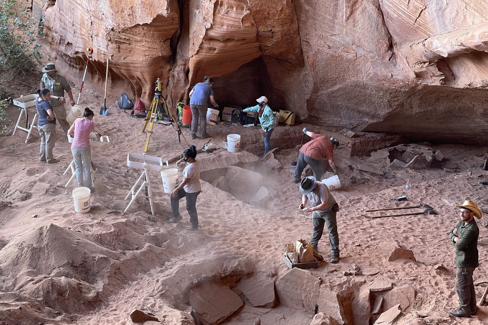 An archaeological team excavating