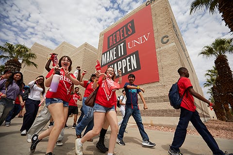 A group of students walking on campus