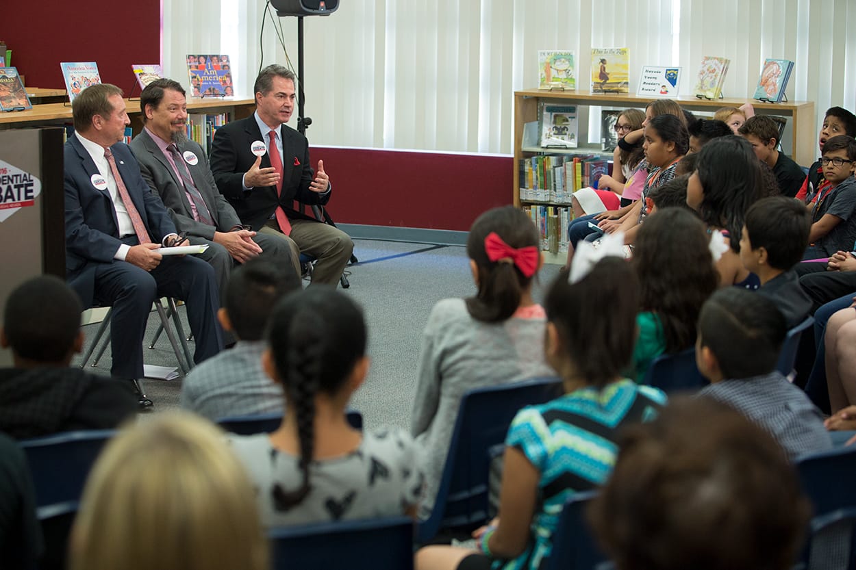 Paradise Elementary School students quiz Ralenkotter, CCSD Superintendent Pat Skorkowsky, and Jessup on debate activities in their school.