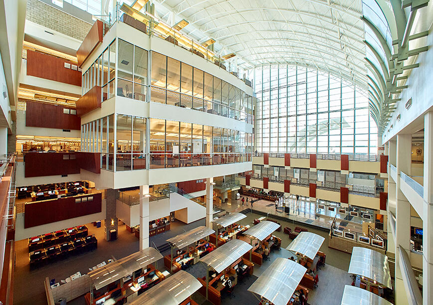 A panoramic photo of Lied Library