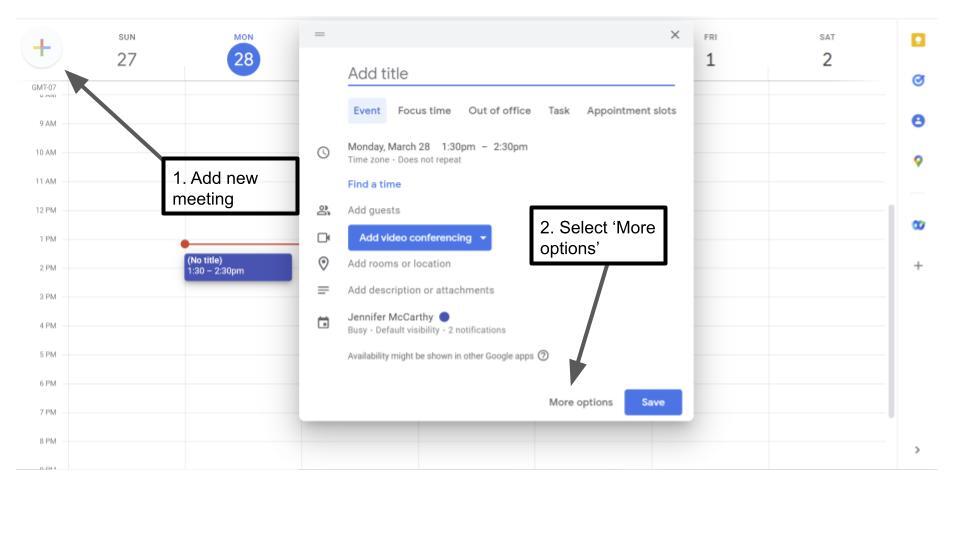 A screenshot of adding a new meeting to Google calendar.
