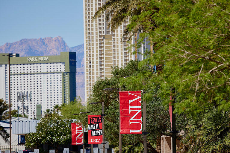 UNLV banners in front of Park MGM.