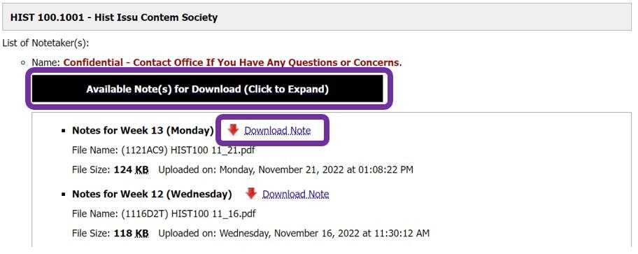 A window in the DRC portal with the Available Note(s) for Download button and the Download Note button highlighted to download the desired notes