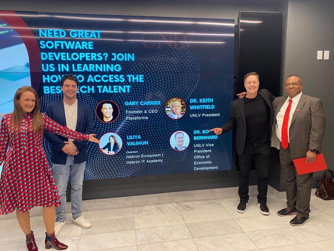 UNLV President Keith E. Whitfeld and UNLV Vice President of Economic Development Bo Bernhard join entrepreneurs Gary Carrier and Liliya Valihun at the public launch of their companies’ efforts to train and find work for software developers in South America and Eastern Europe.