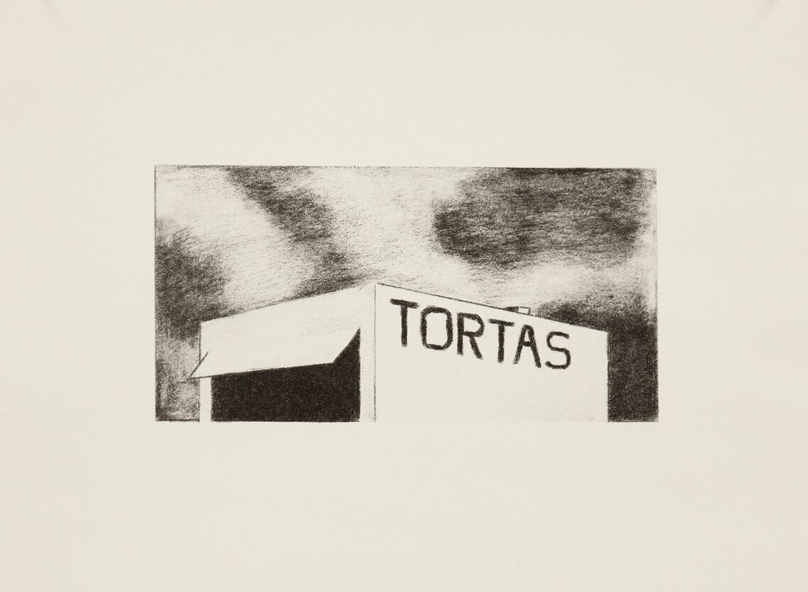 A black and white drawing of the upper portion of a rectangular building in front of a cloudy sky. An awning protrudes from the front of the building over a black window. Letters along the side of the building read "Tortas."