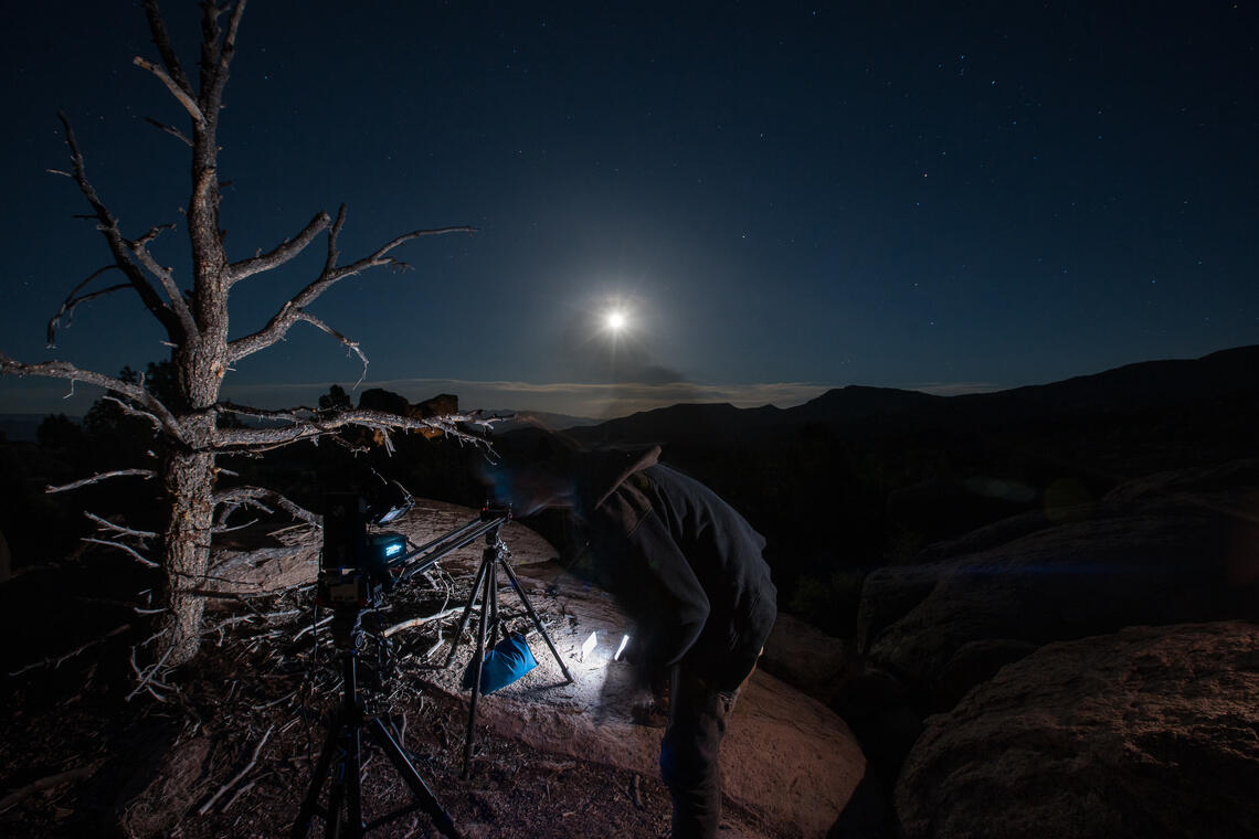A man leans over a camera on a tripod in the desert at night. A leafless tree next to him is illuminated on one side by the light he holds in his hand. A bright planetary body shoots out beams above the dark horizon.