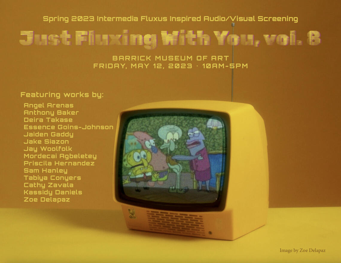 Text (including the title of the exhibition and the names of the artists as listed in the text description of the event) is superimposed over a photograph of a CRT TV playing a scene from SpongeBob Squarepants. SpongeBob and Patrick are standing behind Squidward, who is being poked in the chest by a purple fish in a dress. The TV screen is distorting the image with a horizontal line.