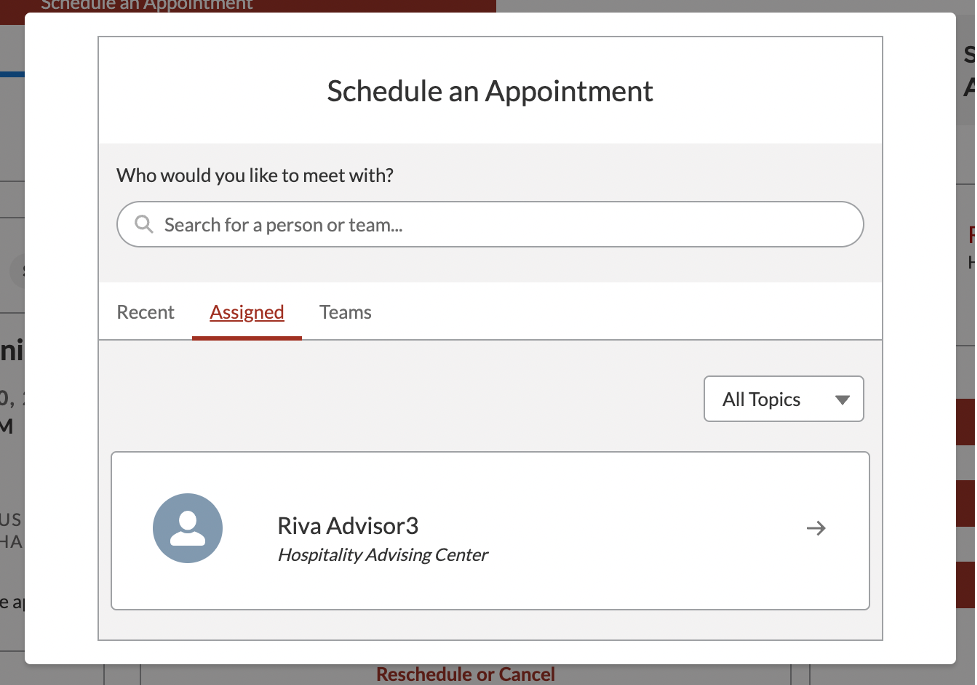 A window in the Rebel Success Hub platform to schedule an appointment using a dropdown menu to select an advisor