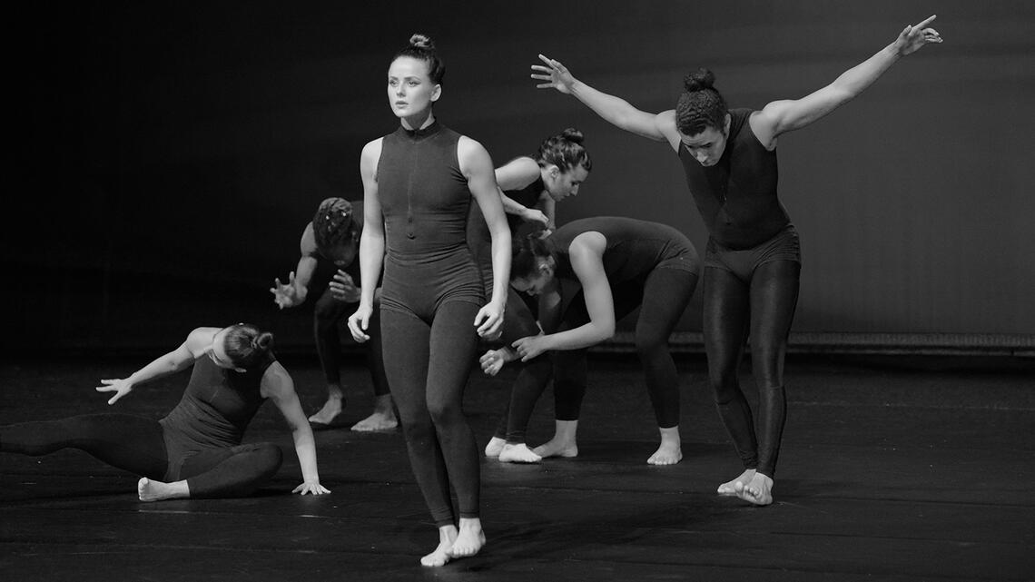 Black and white photo of UNLV Dance students performing