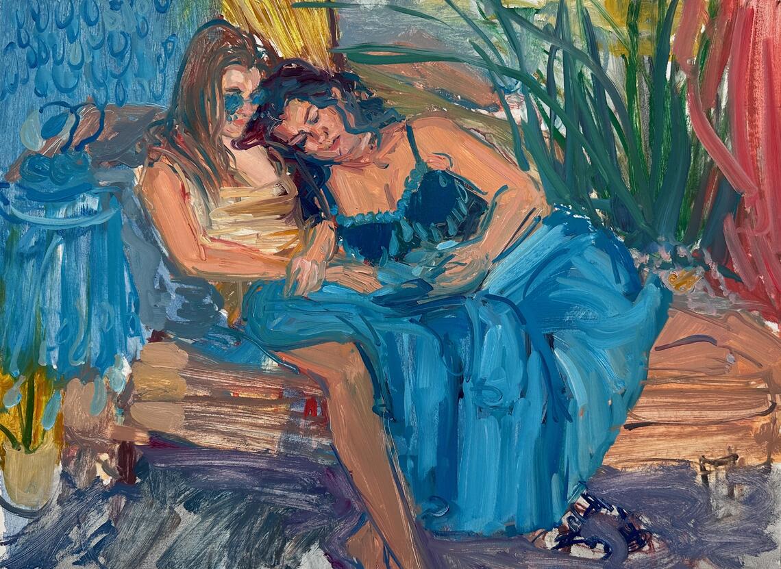 A painting rendered with quick, scribbled lines of paint. It depicts two women sitting on a chair in front of a blue curtain patterned with teardrops. Outlines of teardrops recur throughout the picture. One woman looks down with her hands crossed in her lap. The other woman leans against her shoulder and looks at something in her hands. They appear comfortable with one another, but sad.