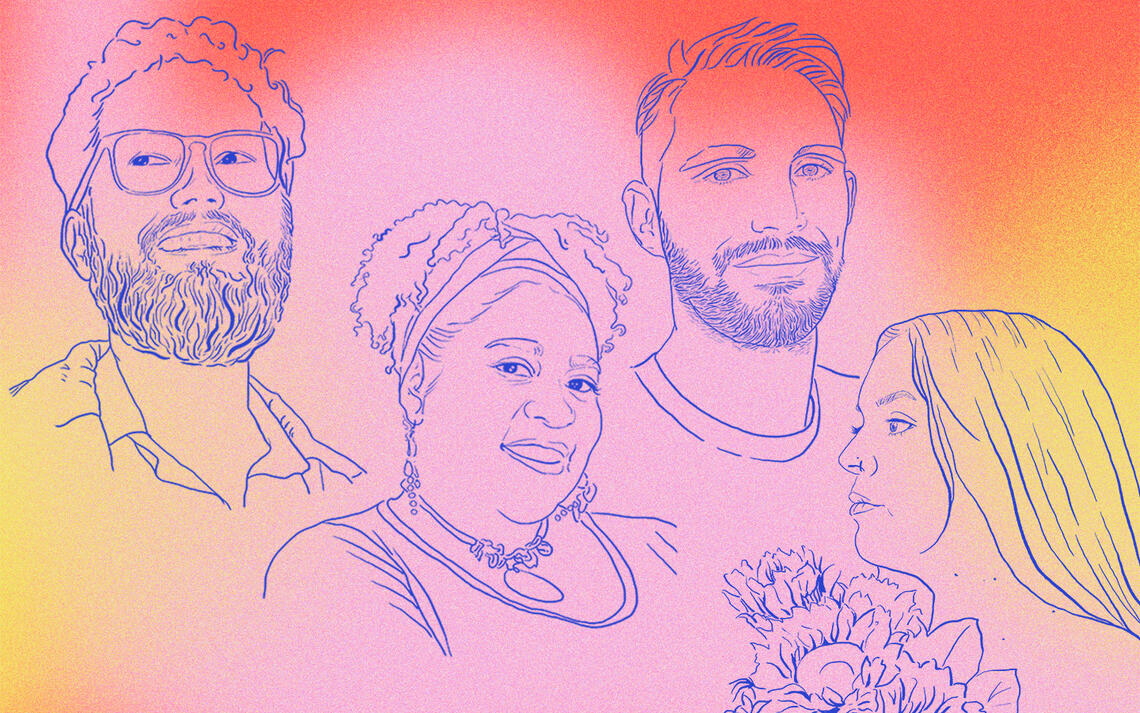 Portraits of four people, rendered as line drawings, float against a pink and yellow background. They smile happily. Two of them are making friendly eye contact with the viewer.
