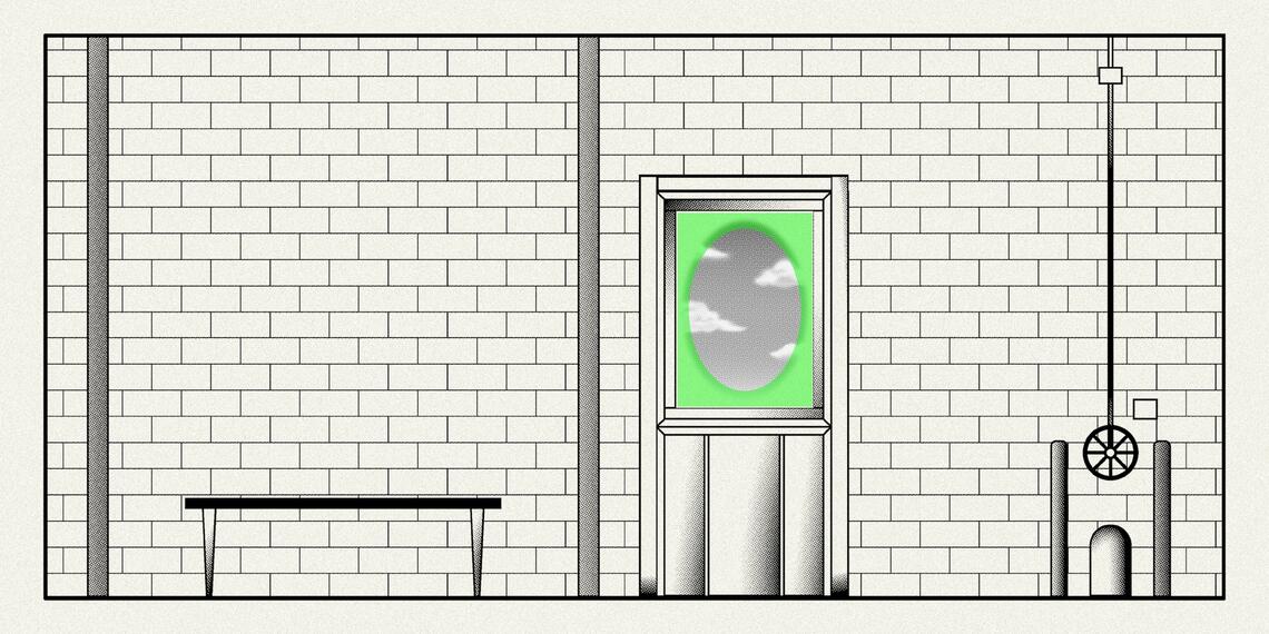 A (mostly) black and gray-toned line drawing of a brick wall with a door in it. The lines have evidently been drawn with a digital tool, making them uniform, regular, and suggesting something businesslike, like a diagram. The top half of the door is a green neon oval framing an image of clouds floating in the sky.