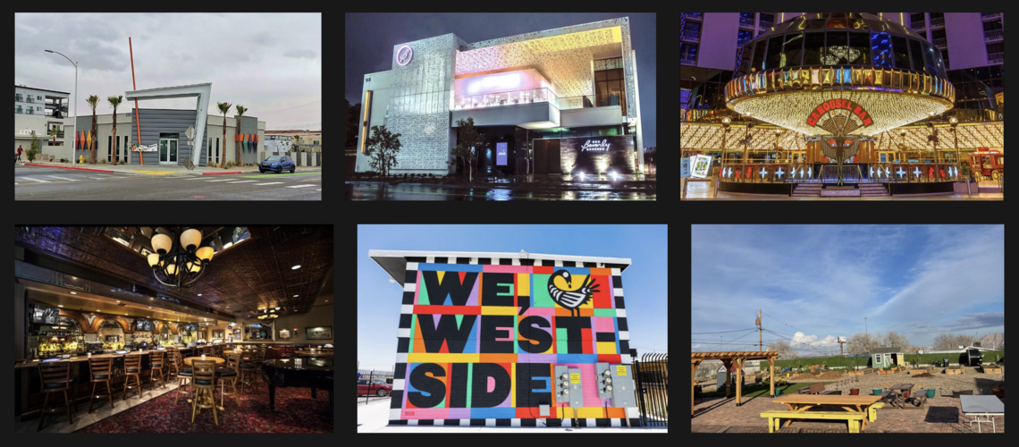 Photos include:  The Beverly Theater, 515 S. Sixth St., designed by Carpenter Seller Del Gatto Architects; The Carousel Bar, 1 S. Main St., designed by The Plaza Hotel Design Team; The Golden Steer restaurant, 308 W. Sahara Ave., designed by Carpenter Seller Del Gatto Architects; The Bent Inn &amp; Pub, 1100 E. Ogden Ave, designed by SPARC Design; “We, Westside,” a mural at 500 Jefferson Ave., Obodo Urban Farm, 1300 C St.
