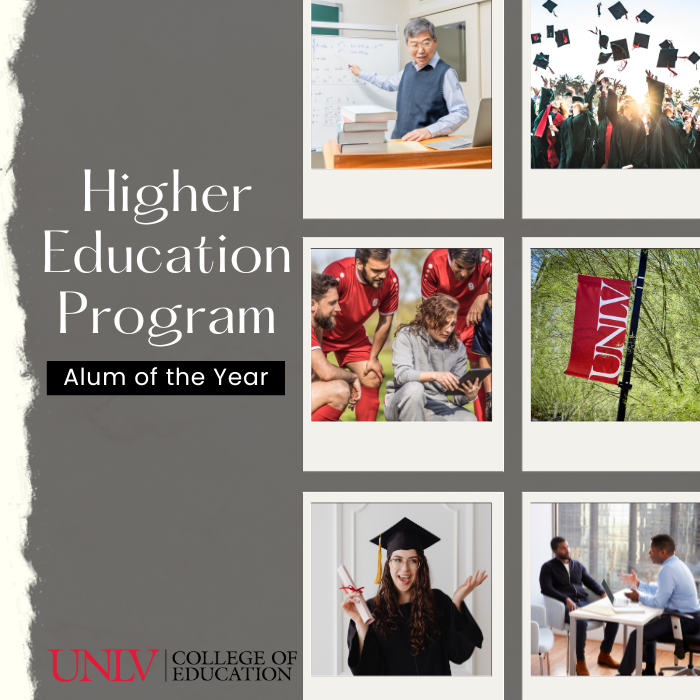 Flyer that says "Higher Education Program" with subtitle "Alum of the Year"