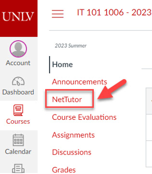 screenshot of a Canvas navigation pointing to NetTutor