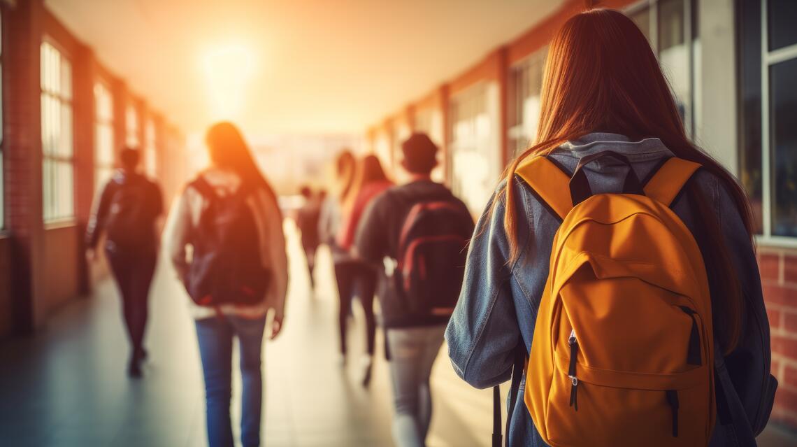 Children walking down a school hallway