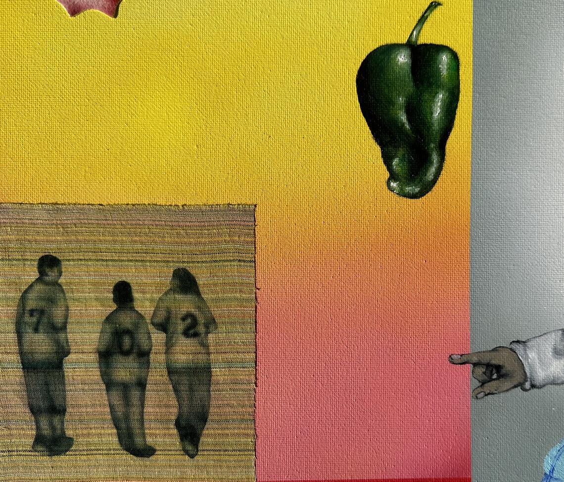 A close-up of a painting. Objects are suspended against a yellow and pink background—the colors of a sunrise. There’s a realistic poblano chile, a cartoonish gray hand pointing into the image from the right border, and three people with their backs turned. The numbers “702”are written on their shirts.