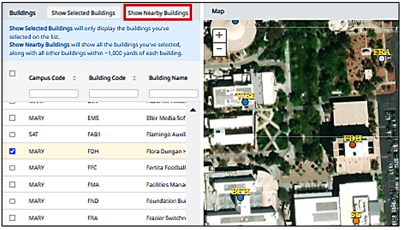 This view allows you to select a campus building (or buildings) to populate on a map. "Open nearby buildings" is highlighted.