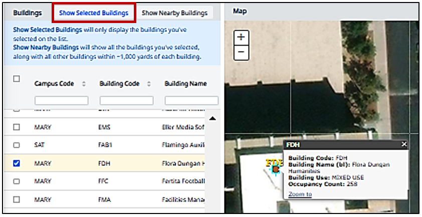 This view allows you to select a campus building (or buildings) to populate on a map. "Show selected buildings" is highlighted.