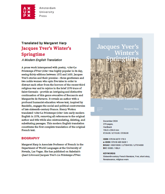 Description of Dr. Harp's new book, Translated by Margaret Harp Jacques Yver's Winter's Springtime A Modern English Translation