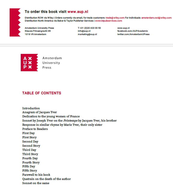 Table of Contents for Jacques Yver's Winter's Springtime A Modern English Translation