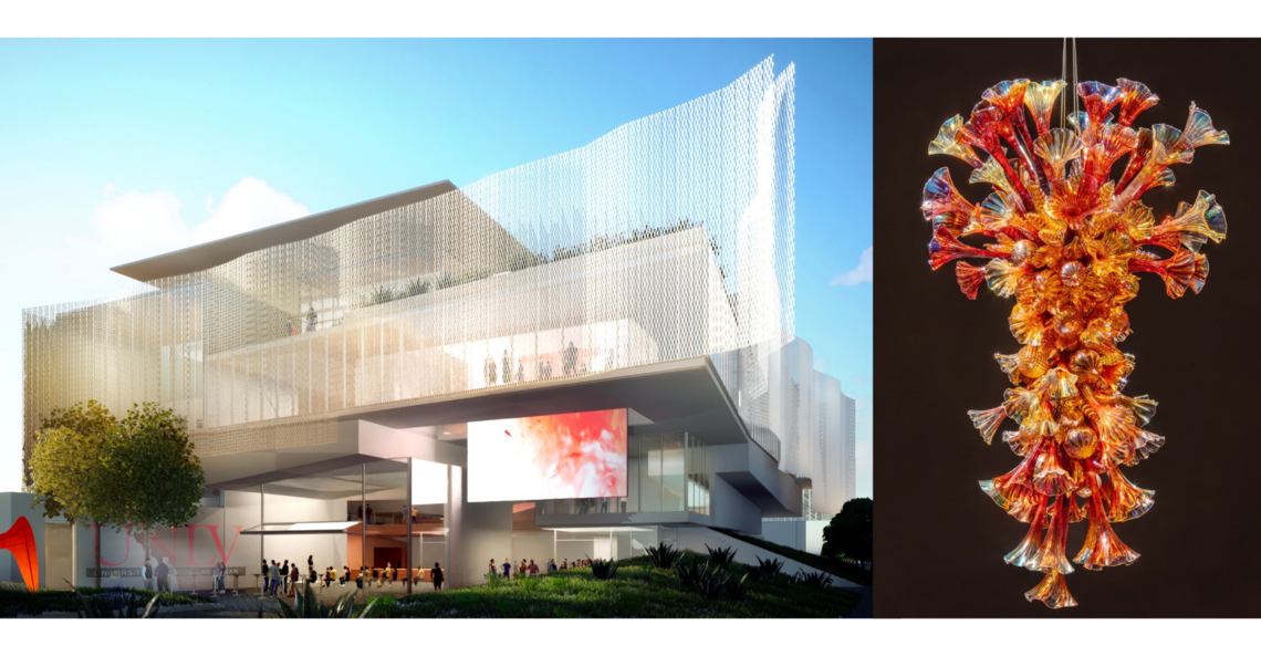 Rendering of a school building next to a photo of an artistic glass chandelier