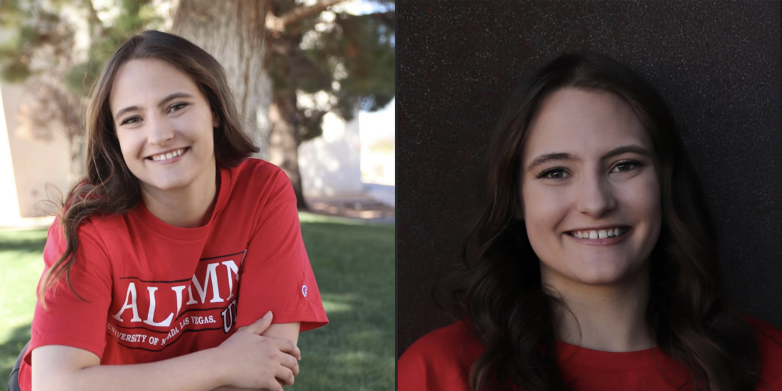 Two headshots of the same woman smiling into the camera.