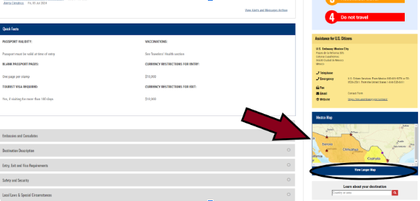 A screenshot of  U.S. Department of State's travel advisory page with an arrow pointing to the "View Larger Map" option